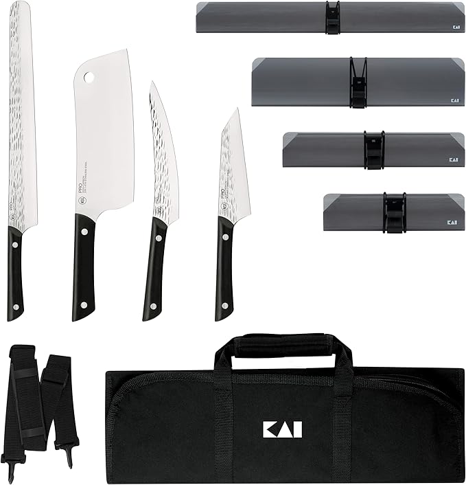 KAI PRO 5 Piece BBQ Set, Includes 7" Cleaver, 5" Asian Multi Prep, 6.5” Boning & Fillet, 12” Brisket Slicing Knives, 4 Blade Guards and Knife Roll, Handcrafted Japanese Knife Set