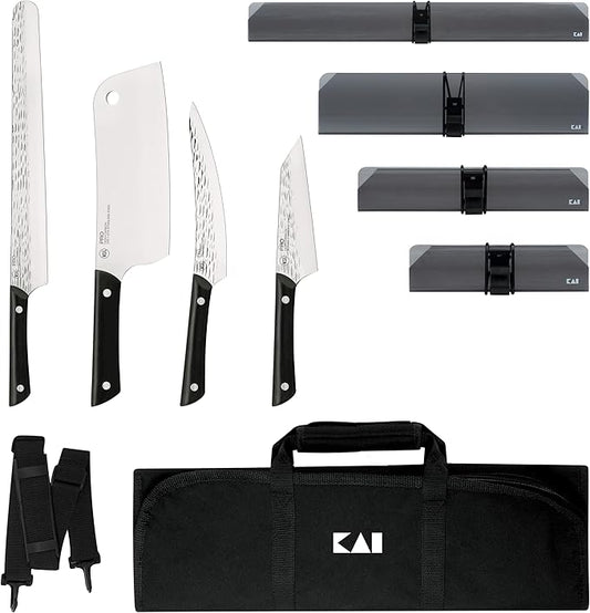 KAI PRO 5 Piece BBQ Set, Includes 7" Cleaver, 5" Asian Multi Prep, 6.5” Boning & Fillet, 12” Brisket Slicing Knives, 4 Blade Guards and Knife Roll, Handcrafted Japanese Knife Set