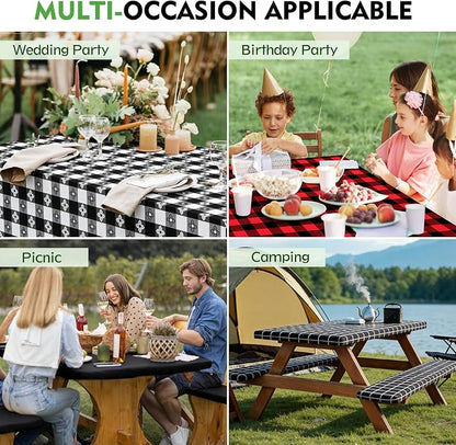 Picnic Table Cover with Bench Covers, Waterproof Tablecloth Set, Red Grid | Fitted 6ft Tables, for Outdoor Camping, RV, Includes 1 Table Cover(30"x72"), 2 Bench Covers(72"x12"), Drawstring Storage Bag
