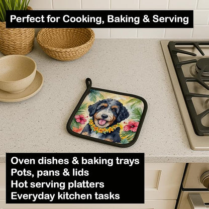Caroline's Treasures Bernedoodle Luau Pair of Pot Holders Kitchen Heat Resistant Pot Holders Sets Oven Hot Pads for Cooking Baking BBQ, 7 1/2 x 7 1/2