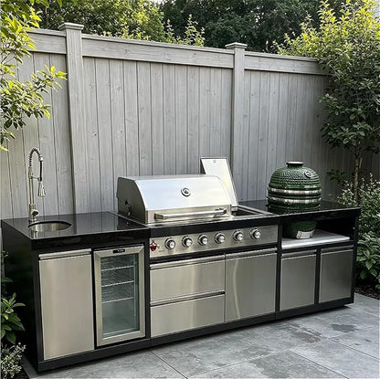 Modular Outdoor Kitchen Island with Built-in Gas Grill & Refrigerator, BBQ Station with Sink, Side Burner, Storage Cabinets & Bar Seating – Outdoor Kitchen Pod for Backyard, Patio, Deck