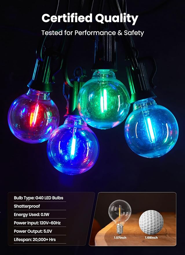 Brightown Outdoor String Lights 29 Feet G40 LED Patio Lights, 13 Plastic Edison Bulbs(1 Spare), Remote, Timer, Waterproof Connectable Hanging Light for Backyard Porch Balcony Party Decor, Multicolor