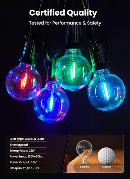 Brightown Outdoor String Lights 29 Feet G40 LED Patio Lights, 13 Plastic Edison Bulbs(1 Spare), Remote, Timer, Waterproof Connectable Hanging Light for Backyard Porch Balcony Party Decor, Multicolor