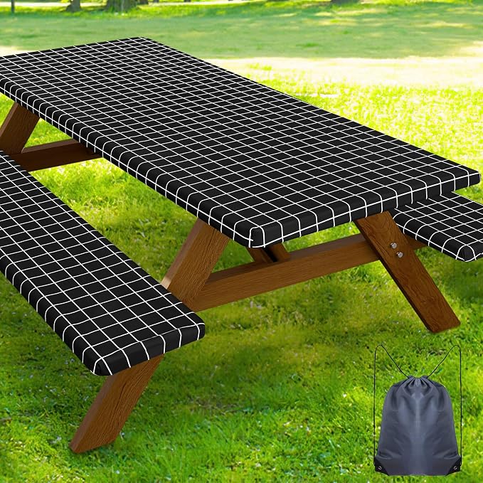 Smiry Picnic Table Cover with Bench Covers, Waterproof Elastic Fitted Tablecloth for 6 Foot Tables, Washable Polyester Tablecloths for Camping, Indoor & Outdoor (Black & White, 30x72 Inch 3-pc Set)