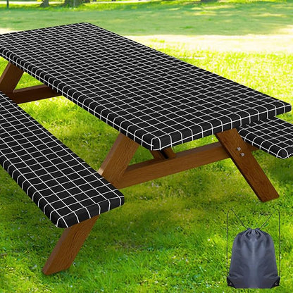 Smiry Picnic Table Cover with Bench Covers, Waterproof Elastic Fitted Tablecloth for 6 Foot Tables, Washable Polyester Tablecloths for Camping, Indoor & Outdoor (Black & White, 30x72 Inch 3-pc Set)