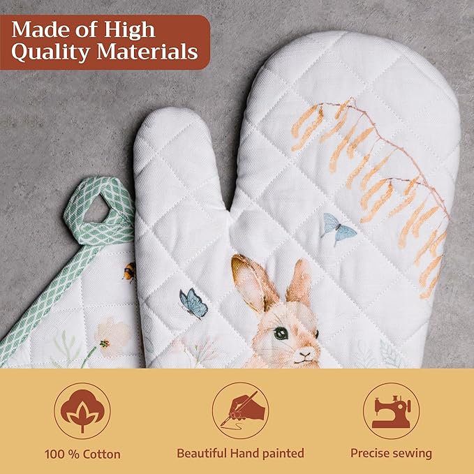 Maison d' Hermine 100% Cotton Oven Mitt & Pot Holder Set (7.5"x13" & 8"x8") Heat Resistant BBQ Cooking Gloves with Loop Baking Grilling Kitchen Hotel Home Farmhouse Spring Summer (Easter Dew)