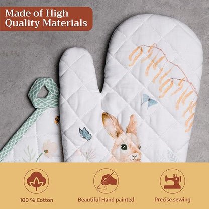 Maison d' Hermine 100% Cotton Oven Mitt & Pot Holder Set (7.5"x13" & 8"x8") Heat Resistant BBQ Cooking Gloves with Loop Baking Grilling Kitchen Hotel Home Farmhouse Spring Summer (Easter Dew)