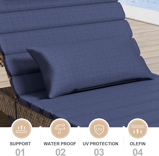 2PCS Outdoor Water-Resistant Olefin Chaise Lounge Cushions with Pillow, Weather and Fade Resistant Foldable Quilted Patio Reclining Lounger Chair Cushions with Straps, Dark Blue, 81"L x 27"W