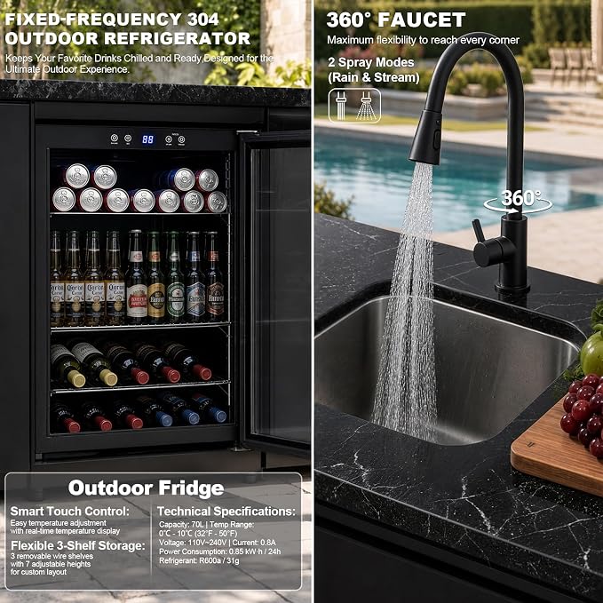 104"4-Burner Modular Outdoor Kitchen Island, 72000 BTU Propane Gas Grill | 4 Burners & Side Stove, Rear Infrared, Marble Countertop, Fridge, 360° Pull-Out Faucet, Sink, Warming Rack, Storage Cabinet