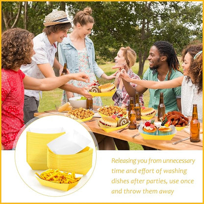 100 Pcs 2lb Paper Food Trays Boat Nacho Boats for Hot Dogs, Yellow | Grease-Resistant, Disposable Kraft Paper Boat for Tacos Concession, Food Trucks, Birthday, Wedding, Christmas, Halloween