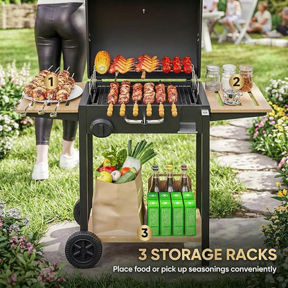 Outsunny Charcoal BBQ Grill with 245 sq. in. Cooking Area, Outdoor Barbecue Grill with Adjustable Charcoal Pan, Thermometer, 3 Shelves, Wheels for Patio, Picnic, Backyard, Party, Black