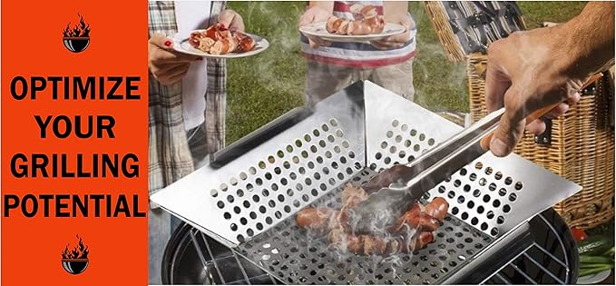 Professional Grade Stainless Steel Grill Basket, BBQ Accessories, Meats, Vegetables, Seafood, Pizza, Kabob. Fits Charcoal, Gas Grills Camping Cookware Grill Tool Gift for Dad