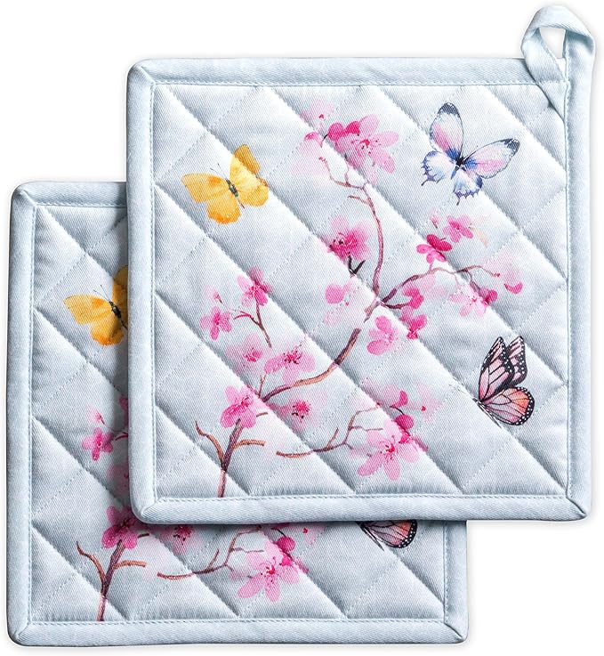 Maison d' Hermine Pot Holders 100% Cotton Heat Resistant Potholders 8" x 8" Hot Pads with Loop Cooking Baking Hotel Farmhouse Kitchen Handling Hot Pans Spring Summer (Pack of 2, Blossoms in Spring)