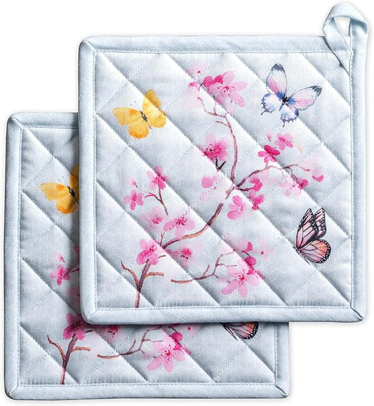 Maison d' Hermine Pot Holders 100% Cotton Heat Resistant Potholders 8" x 8" Hot Pads with Loop Cooking Baking Hotel Farmhouse Kitchen Handling Hot Pans Spring Summer (Pack of 2, Blossoms in Spring)