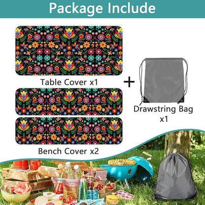JAWO Mexican Picnic Table Cover Set with Bench Covers Camping Theme Tablecloth 8FT Fitted Picnic Table Cover with Elastic Windproof and Waterproof Fabric, Camping Accessories Patio & Outdoor