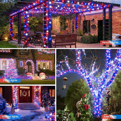Red White and Blue Lights Solar String Lights Outdoor Waterproof for 4th of July Decorations and Memorial Day Decorations, Total 100LED 45FT for Garden Yard Pathway Fence, 8 Modes 50LED x 2 Packs