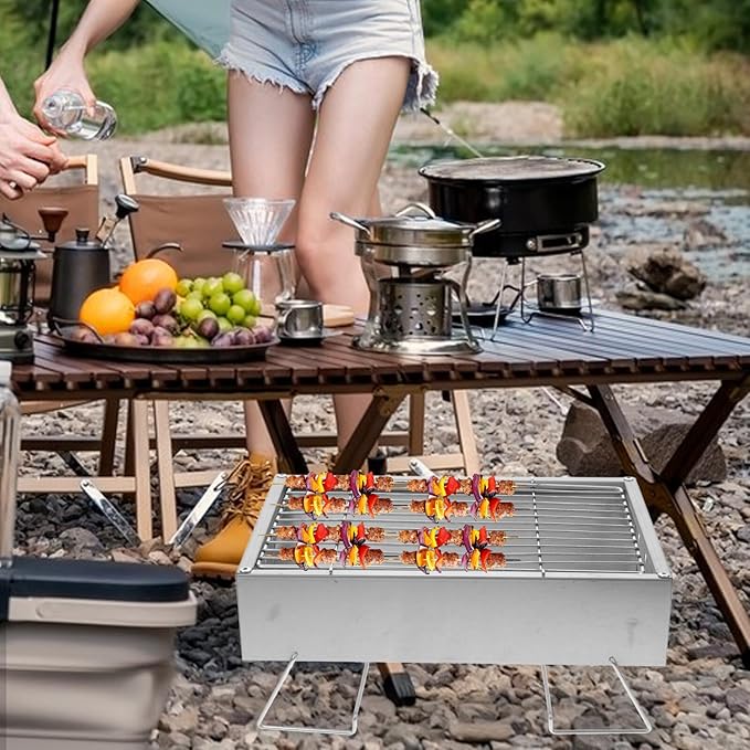 INOOMP Foldable Stainless Steel Bbq Grill Rack Outdoor Charcoal Barbecue Cooking Stove for Camping Hiking Picnic 36x26.5x17.5cm Portable Grill Tool