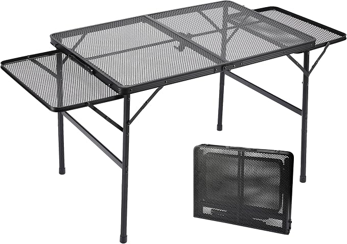 Large Folding Camping Table - Metal Mesh Grill Table with 2 Wing Panels | 2 Adjustable Heights | Large Picnic & Outdoor Table | Expandable Shelves, Lightweight (4.4 FT, Black)