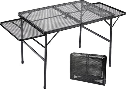 Large Folding Camping Table - Metal Mesh Grill Table with 2 Wing Panels | 2 Adjustable Heights | Large Picnic & Outdoor Table | Expandable Shelves, Lightweight (4.4 FT, Black)