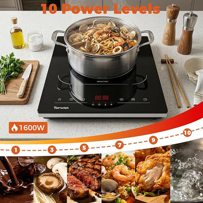 Topwish Single Burner Electric Stove, 110V-120V Portable Induction Cooktop, 1600W Countertop Stove Top Burner Hot Plate with with 10 Temp Levels, LED Display, Child Safety Lock, Timer & Auto-Shut-Off
