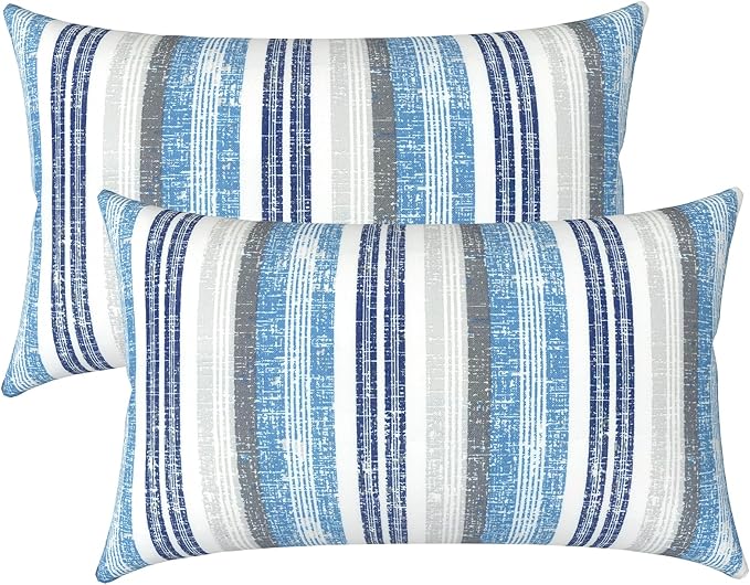 LVTXIII Outdoor Lumbar Pillow Covers Set of 2 Patio Decorative Pillow Cases, Water Repellent Lumbar Cushion Cases for Sofa, Patio Couch Garden Use, 12x20 Inch, Stripe Layered Blue