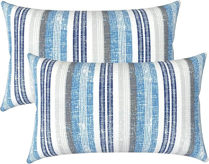 LVTXIII Outdoor Lumbar Pillow Covers Set of 2 Patio Decorative Pillow Cases, Water Repellent Lumbar Cushion Cases for Sofa, Patio Couch Garden Use, 12x20 Inch, Stripe Layered Blue