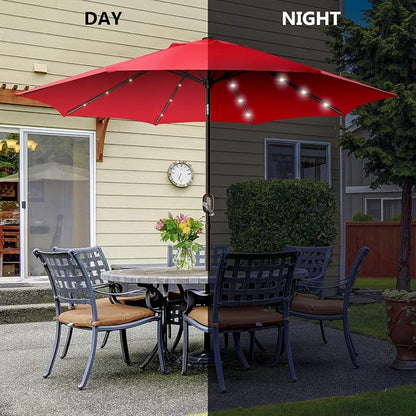 9ft Patio Umbrella with Solar Lights, Outdoor Umbrella with 24 LED Solar Umbrella Lights, Push Button Tilt & Crank Ideal for Garden, Deck, Backyard & Pool, Red