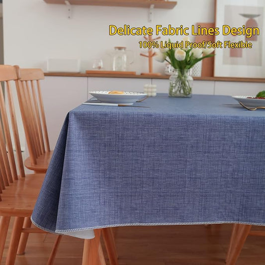 LIBERECOO Vinyl Tablecloth with Flannel Backing, Denim Blue, Waterproof, Stain-Resistant, Easy-Clean Table Cover for Dining, Kitchen, and Outdoor Use, 60" x 120" Rectangle