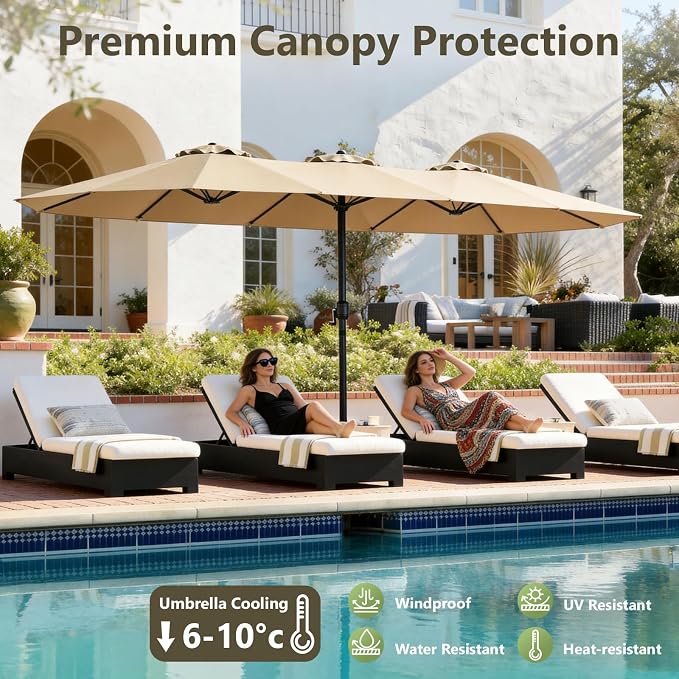 15FT Patio Umbrella, Double-Sided Outdoor Umbrella with base included, Large Standing Umbrella with Crank Handle & Ventilation, Rectangular patio umbrella for Pool, Backyard, Deck, Lawn & Beach