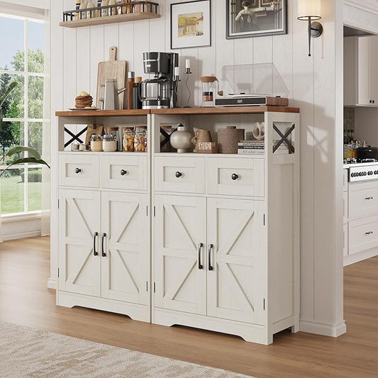 Befrases Set of 2 Farmhouse Storage Cabinet with Barn Doors and Drawers, Freestanding Kitchen Pantry, Floor Storage Cabinet Hutch Cupboard for Kitchen, Laundry, Living Room, White