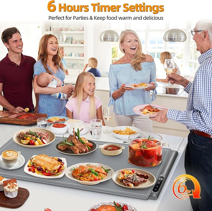 Newise Graphene Warming Mat for Food, Extra Large (XXL 36”x 16") Electric Warming Trays for Buffets Party Countertop with 6 Temp & Timer Settings, Kitchen Gifts for Mom Wife, Gray