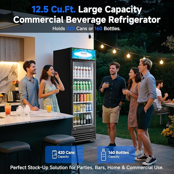 BODEGACOOLER Commercial Beverage Refrigerator, 12.5 Cu. Ft Black Commercial Merchandiser Refrigerator, LED Light/Adjustable Shelves,Upright Large Display Refrigerator For kitchen/Office/Home/Garage.