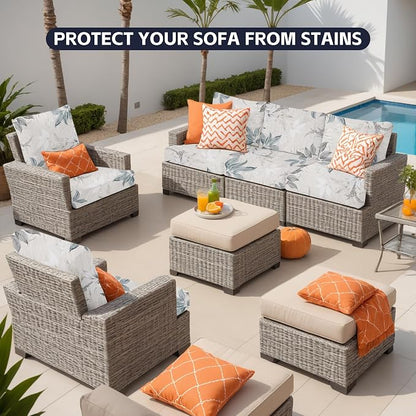 14Pcs Patio Cushion Covers, Outdoor Stretch Cushion Covers, Washable | Stretch Fit, Replacement, Washable and Reusable Furniture Protectors, Fits most patio furniture cushion covers, Cover Only