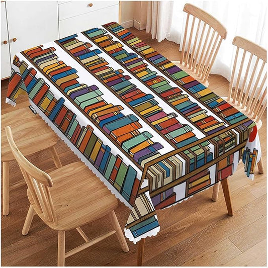 Swono 52x70 Inch Bookshelf Tablecloth Library Bookshelves Books and Ladder Farmhouse Dining Table Cloth Anti-Stain Talking Table Cover for Kitchen Dinning Room Coffee Store