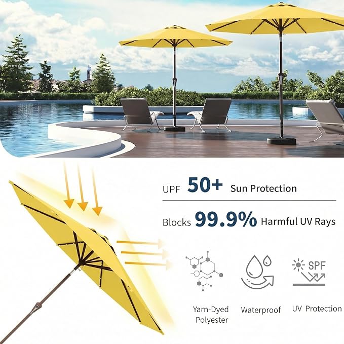 10FT Solar Umbrella 32 LED Lighted Patio Umbrella Table Market Umbrella w/Tilt and Crank, UV-Resistant Outdoor Umbrella for Pool, Garden, Deck, Sunshine Yellow