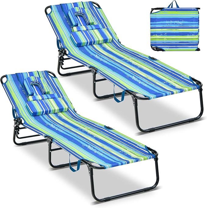 GYMAX Tanning Chair, 330lbs Beach Lounge Chair with Face Hole, Detachable Washable Pillow & Carry Strap, Adjustable Folding Lounger, Layout Chair for Outside, Patio, Poolside, Lawn (2, Blue Stripe)