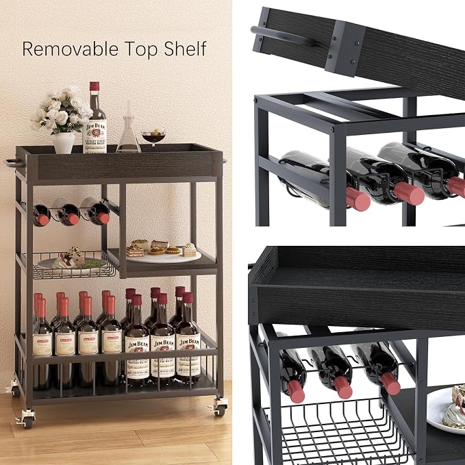 Bar Cart with Basket Wine Rack with Wheels Wood Metal Cart for Party | Basket