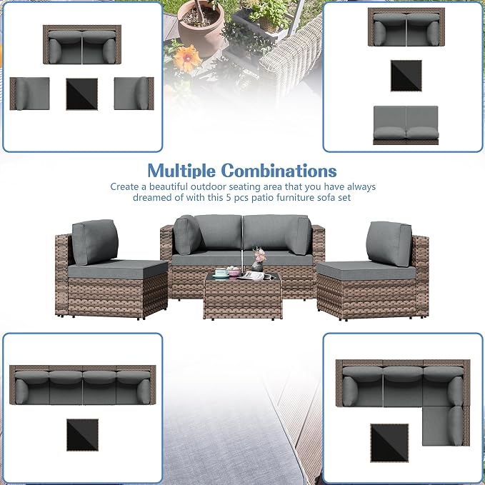 5 Piece Outdoor Patio Furniture Set,Brown PE Rattan Wicker Sectional Sofa, All Weather Conversation Set with Washable Cushions & Glass Coffee Table for Backyard Poolside Garden Porch,Gray