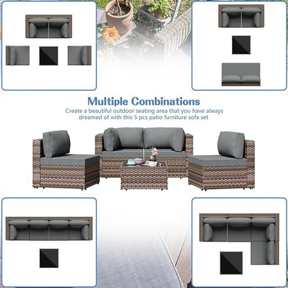 5 Piece Outdoor Patio Furniture Set,Brown PE Rattan Wicker Sectional Sofa, All Weather Conversation Set with Washable Cushions & Glass Coffee Table for Backyard Poolside Garden Porch,Gray