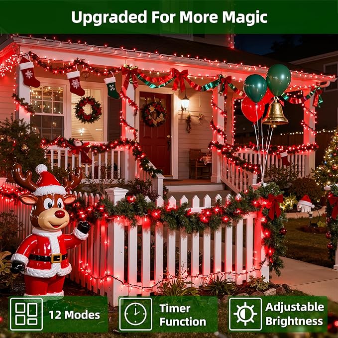 QUHUATU 300LED Valentine Lights, 75ft Indoor Outdoor Valentines Day Decorations with 12 Modes, Red Christmastree Lights with Timer Dimmable Connectable for Fence Garden Xmas Wedding Party Decor Red