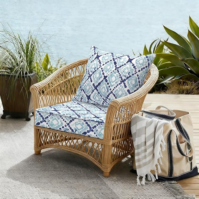 DYTXIII Outdoor Deep Seat Cushion Set, Water Repellent 22"x22" Patio Thick Cushions Replacement with Seat & Back Pillow for Patio Sofa, Wicker Chair, Couch - Boho Geometry Blue