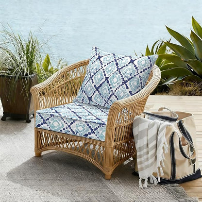 DYTXIII Outdoor Deep Seat Cushion Set, Water Repellent 22"x22" Patio Thick Cushions Replacement with Seat & Back Pillow for Patio Sofa, Wicker Chair, Couch - Boho Geometry Blue