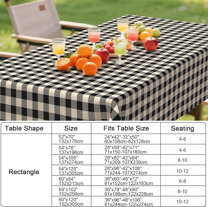 Smiry Picnic Table Cloth, Vinyl Tablecloths with Flannel Backing, 54"x54" | Waterproof Square Table Cloth, Wipeable Buffalo Plaid Table Cover for Indoor and Outdoor (Black & Beige)