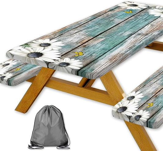 Daisy Flowers Picnic Table Cover with Bench Covers and Bag, Camping Essentials, Wooden Grain Waterproof Windproof, Fitted Tablecloth Cover with Elastic Edge, for Indoor & Outdoor, 3 PCS, 30x96 Inch