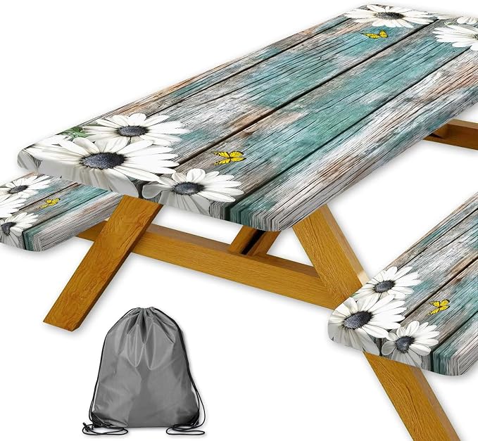 Daisy Flowers Picnic Table Cover with Bench Covers and Bag, Camping Essentials, Wooden Grain Waterproof Windproof, Fitted Tablecloth Cover with Elastic Edge, for Indoor & Outdoor, 3 PCS, 30x72 Inch