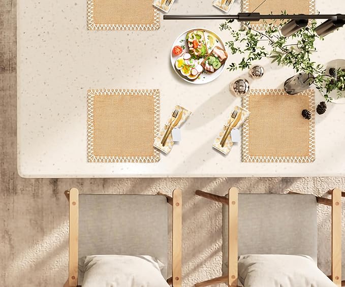 Hausattire Jute Burlap Placemat 13x19 Inches - Natural, Lace Design Edges Table Mats for Bar Table Indoor Outdoor Rustic Easter Farmhouse Kitchen Coffee Dinner Table Decor Mats - Set of 4