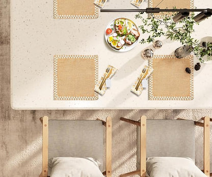 Hausattire Jute Burlap Placemat 13x19 Inches - Natural, Lace Design Edges Table Mats for Bar Table Indoor Outdoor Rustic Easter Farmhouse Kitchen Coffee Dinner Table Decor Mats - Set of 4