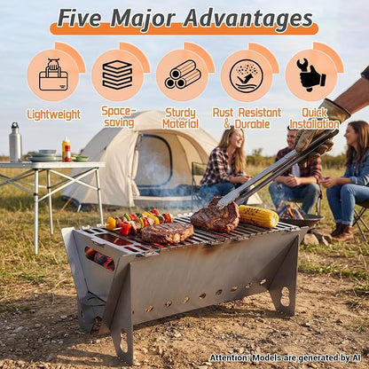 Portable charcoal Grill,Foldable Heavy Duty Camping,Non-Toxic | 15.7"x9.1"x7.9",2mm Steel Construction for Outdoor Cook, Family BBQ, Picnic，Detachable, Folds to 3cm Flat for Easy Storage
