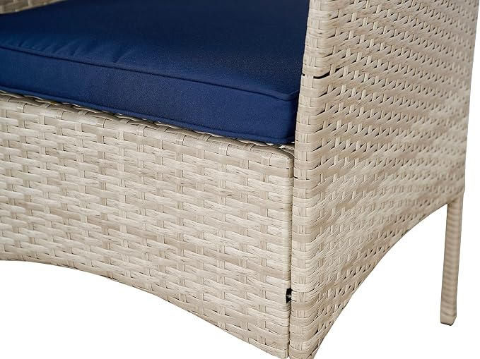 Outdoor Wicker Conversation 3 Piece Bistro Set Garden Patio Yard Porch Furniture Space Saving Pe Rattan 2 Chairs Cushions Side Storage Glass Table Stone Gray/Navy Blue 3pc