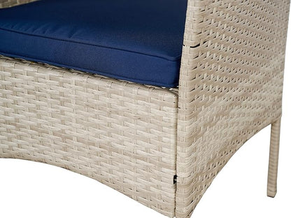 Outdoor Wicker Conversation 3 Piece Bistro Set Garden Patio Yard Porch Furniture Space Saving Pe Rattan 2 Chairs Cushions Side Storage Glass Table Stone Gray/Navy Blue 3pc